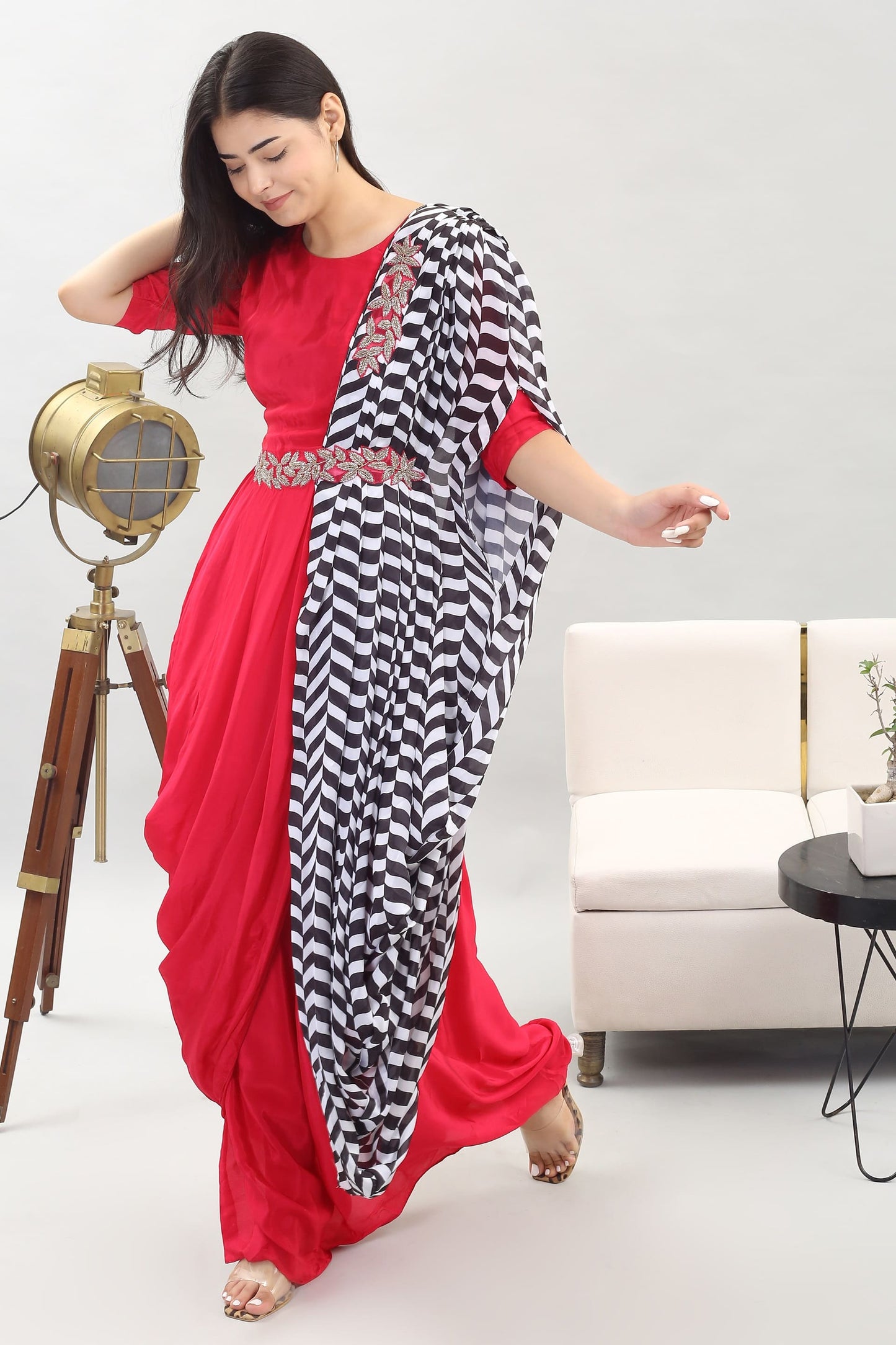 Fuchsia Fusion Delight: Cowl Neck Viscose Crepe Dress with Pre-Stitched Printed Drape