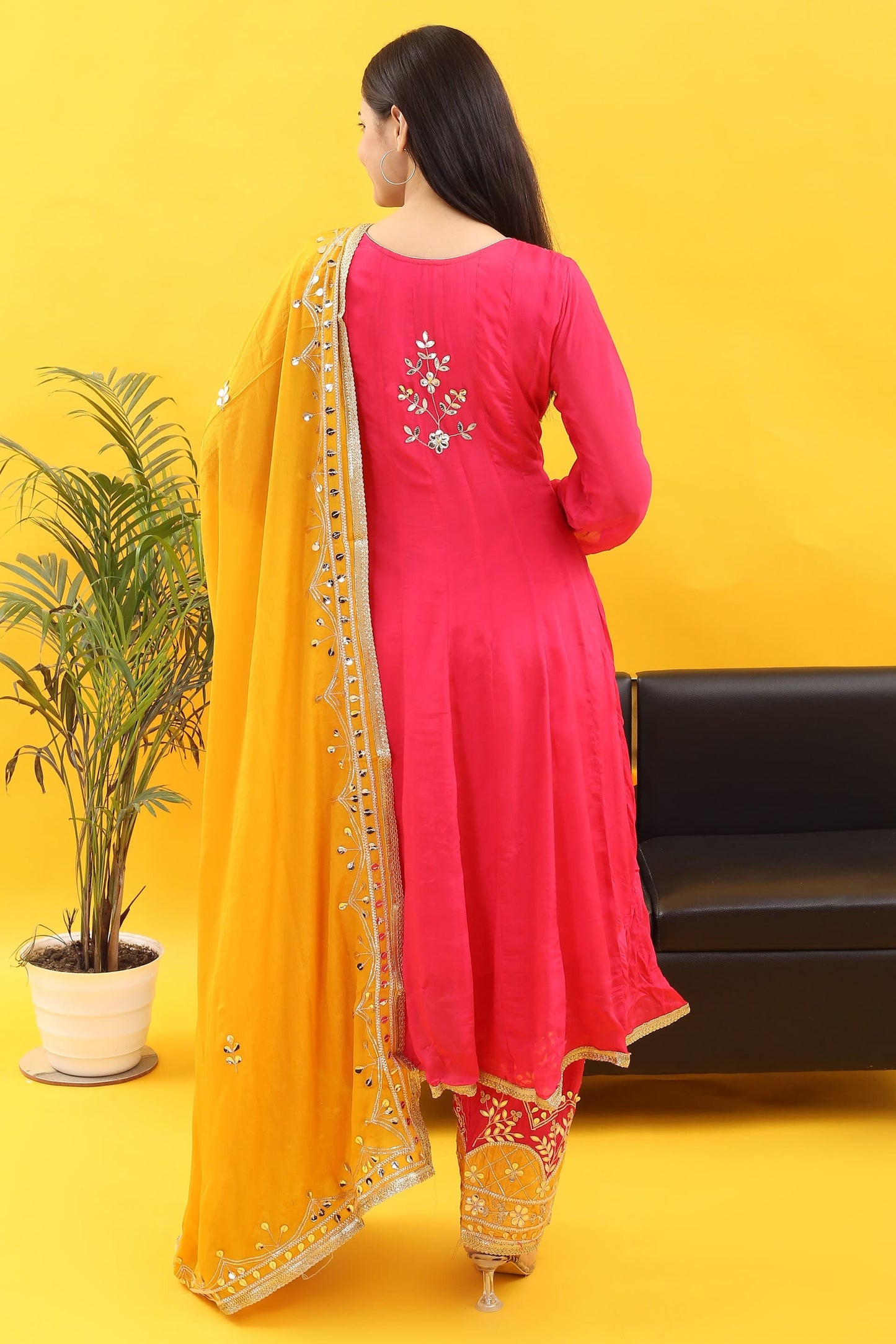 Anarkali Extravaganza: Magenta Pink Gota Embroidered Ensemble with Yellow Accents
