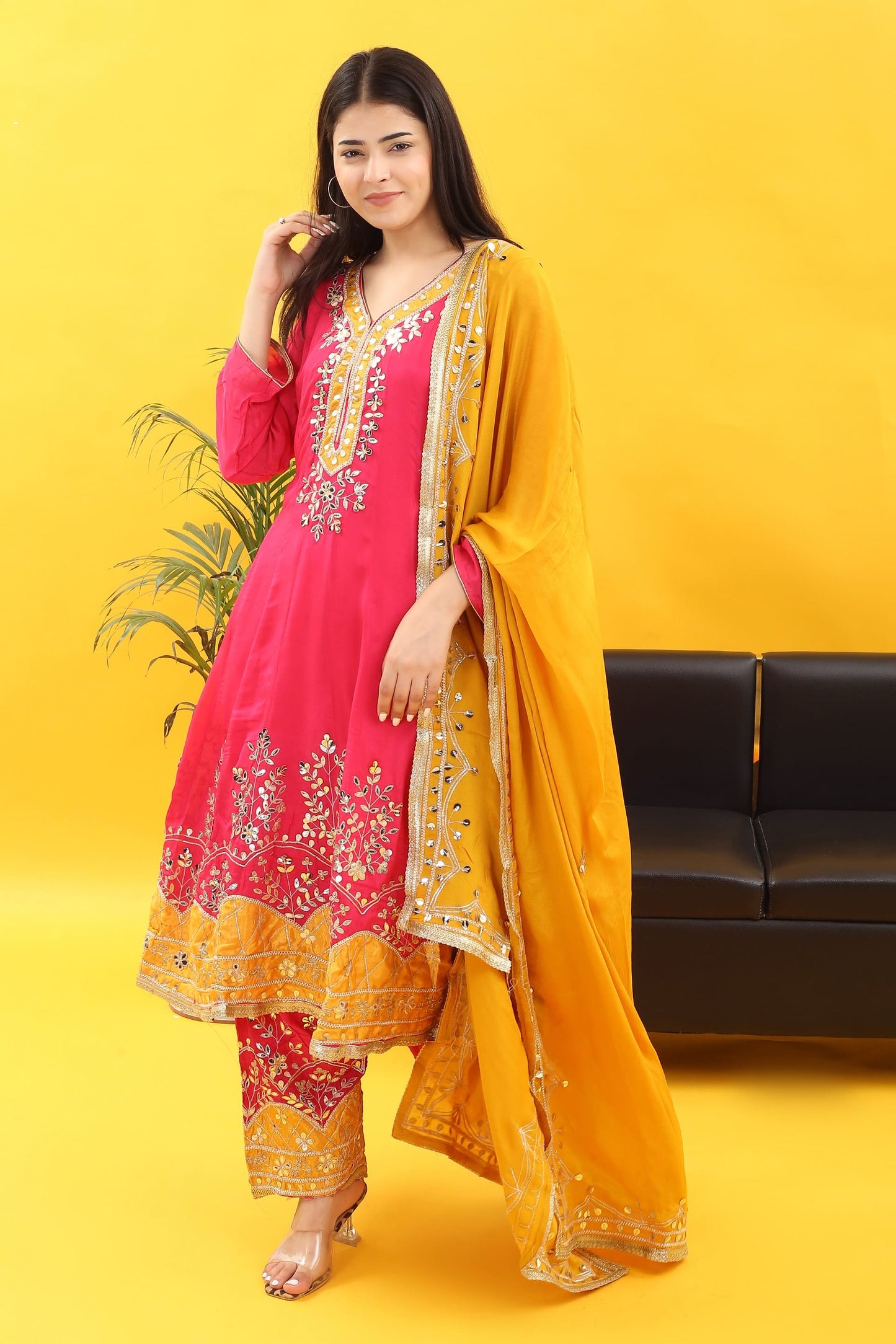 Anarkali Extravaganza: Magenta Pink Gota Embroidered Ensemble with Yellow Accents