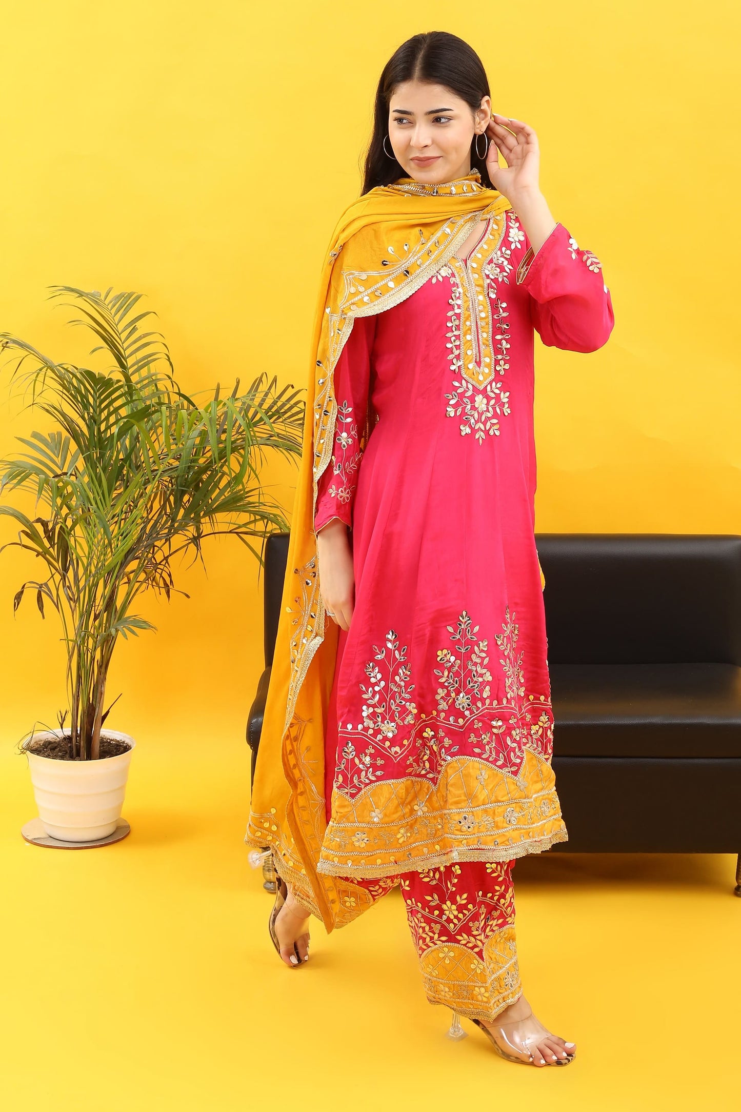Anarkali Extravaganza: Magenta Pink Gota Embroidered Ensemble with Yellow Accents