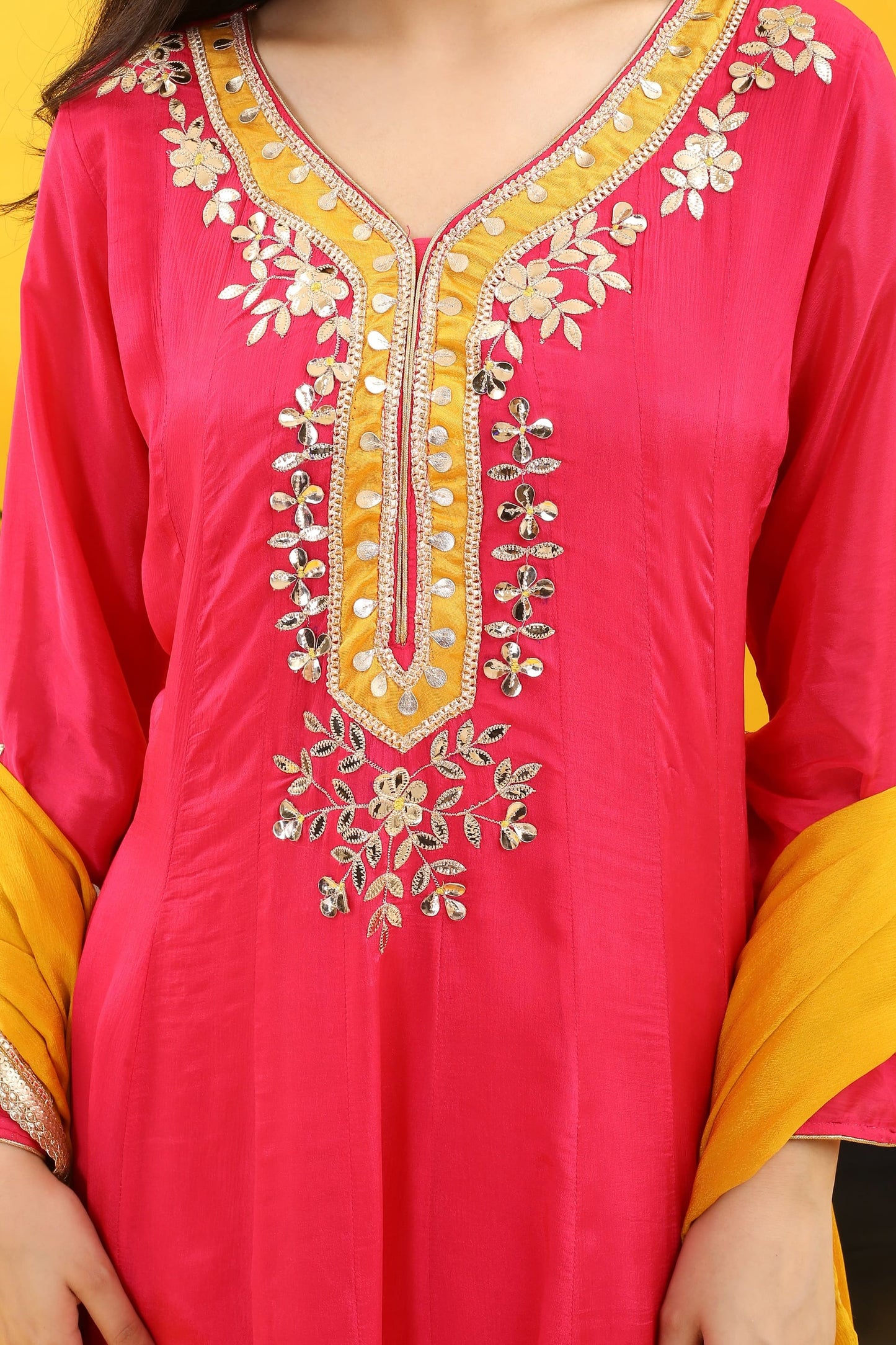 Anarkali Extravaganza: Magenta Pink Gota Embroidered Ensemble with Yellow Accents