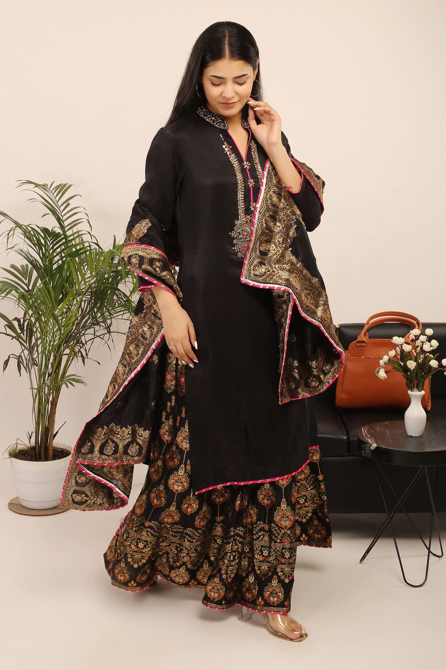 Semi-Stitched Opada Silk Suit( Black): Kundan Embroidered Kurta, Banarsi Skirt & Viscose Dupatta