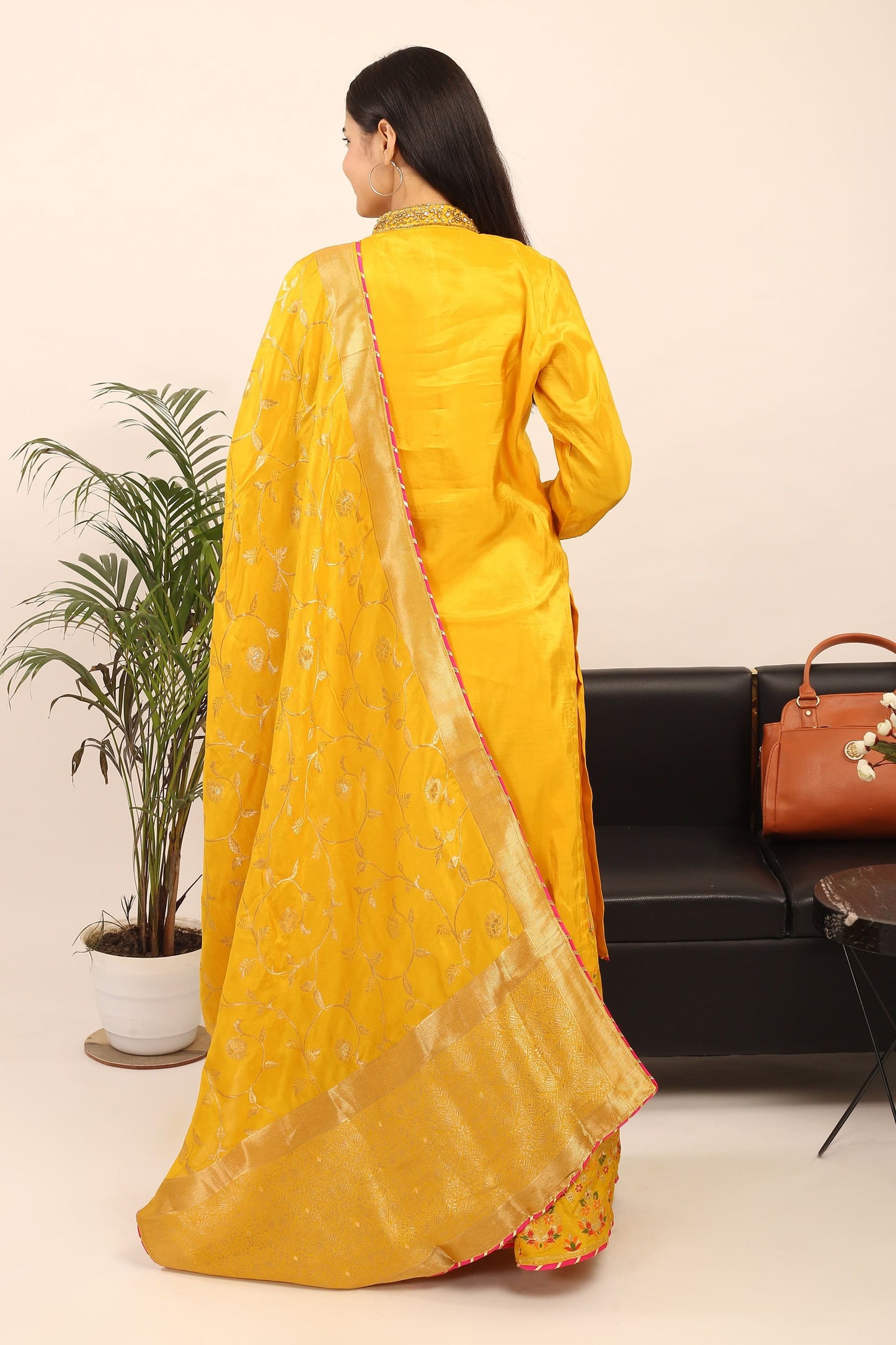 Semi-Stitched Opada Silk Suit(Yellow): Kundan Embroidered Kurta, Banarsi Skirt & Viscose Dupatta