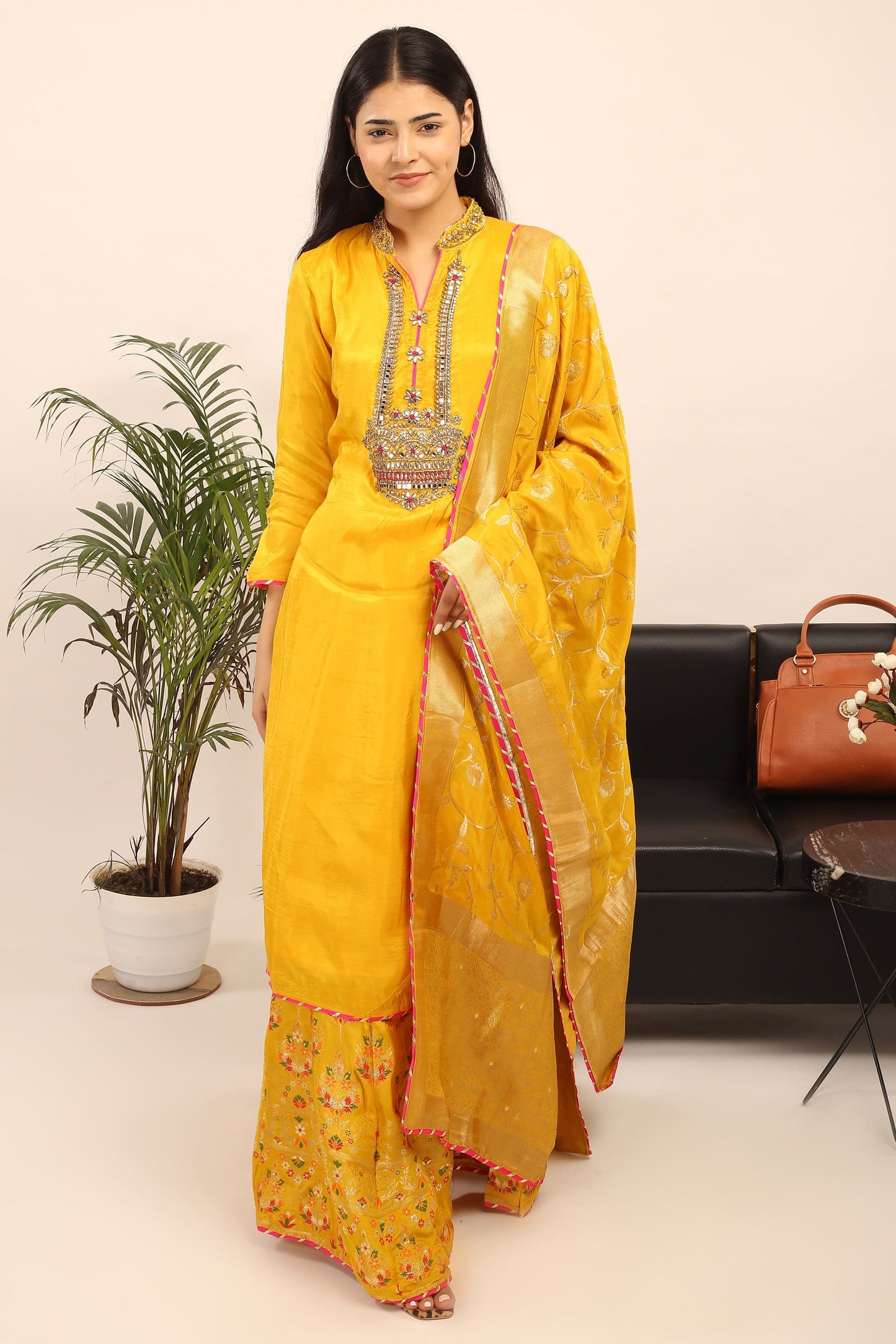 Semi-Stitched Opada Silk Suit(Yellow): Kundan Embroidered Kurta, Banarsi Skirt & Viscose Dupatta