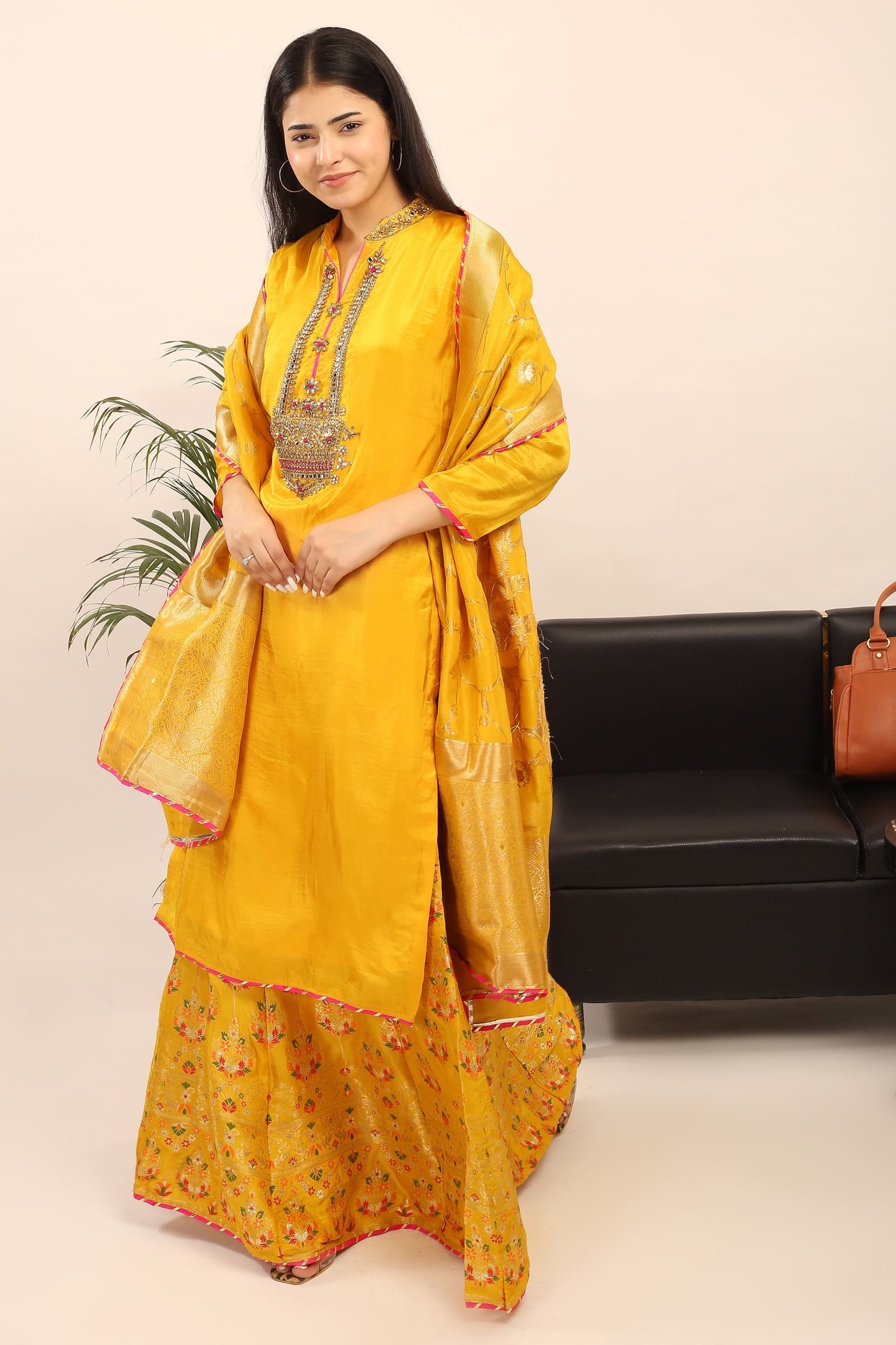 Semi-Stitched Opada Silk Suit(Yellow): Kundan Embroidered Kurta, Banarsi Skirt & Viscose Dupatta
