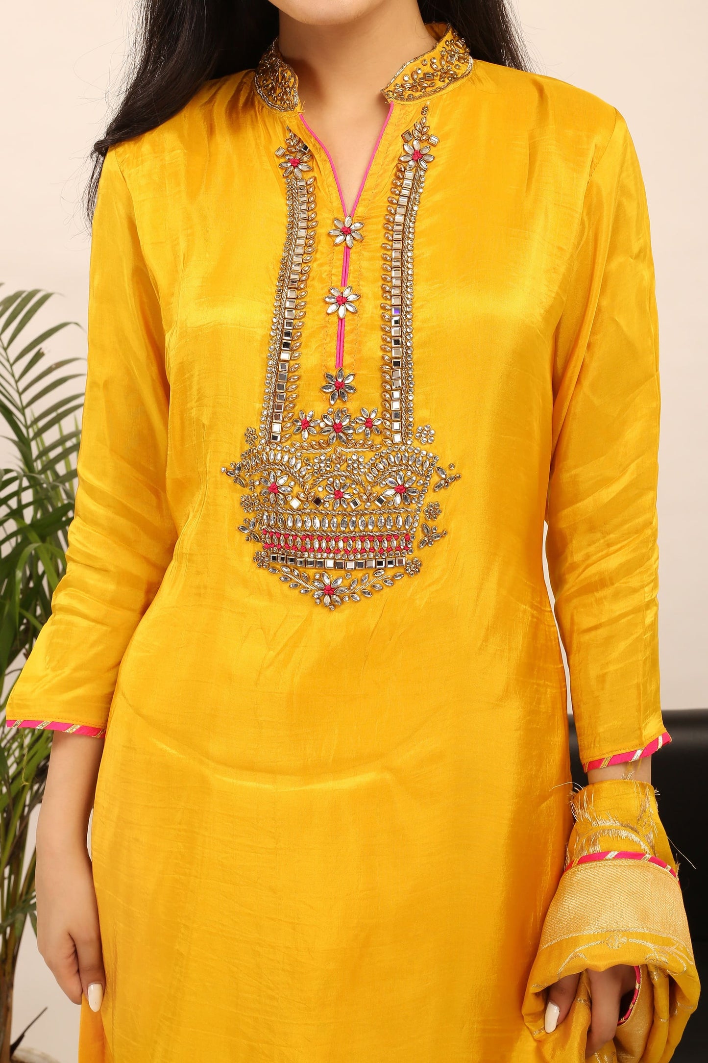 Semi-Stitched Opada Silk Suit(Yellow): Kundan Embroidered Kurta, Banarsi Skirt & Viscose Dupatta