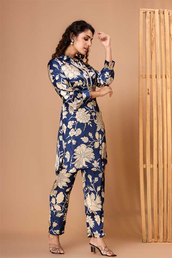 Royal Blue & Beige Elegance: Viscose Modal Silk Coord Set with Lace Accents