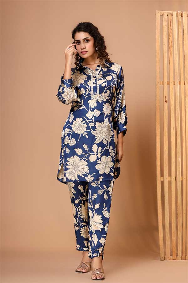Royal Blue & Beige Elegance: Viscose Modal Silk Coord Set with Lace Accents