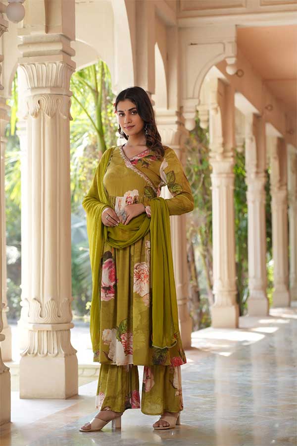 Graceful Muslin: Angarakha Anarkali with Delicate Neck Embroidery, Flared Sharara Pants