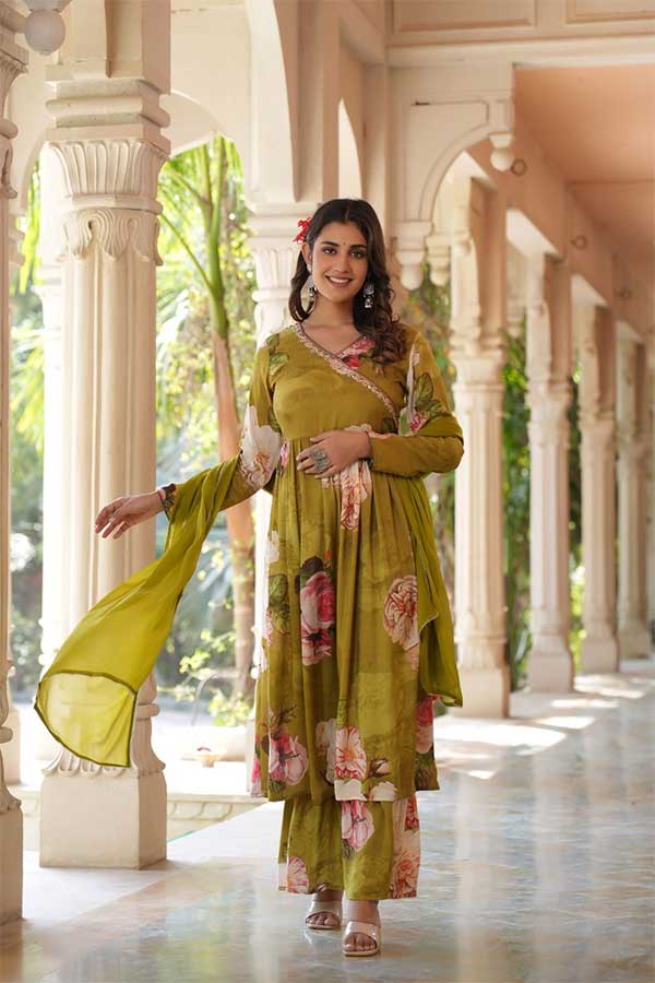 Graceful Muslin: Angarakha Anarkali with Delicate Neck Embroidery, Flared Sharara Pants
