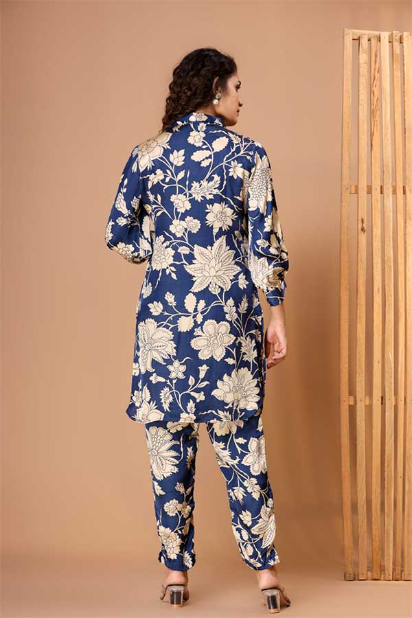 Royal Blue & Beige Elegance: Viscose Modal Silk Coord Set with Lace Accents