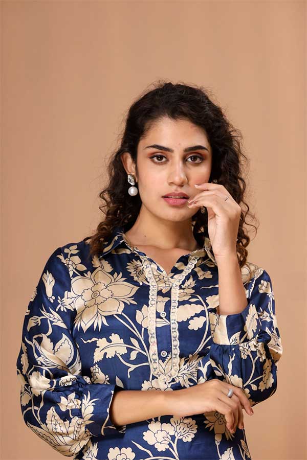 Royal Blue & Beige Elegance: Viscose Modal Silk Coord Set with Lace Accents