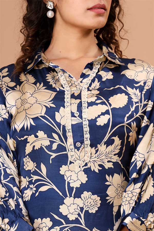 Royal Blue & Beige Elegance: Viscose Modal Silk Coord Set with Lace Accents