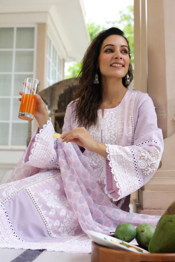 STITCHED COTTON SUIT (LIGHT PINK): PANTS & MATCHING TOP