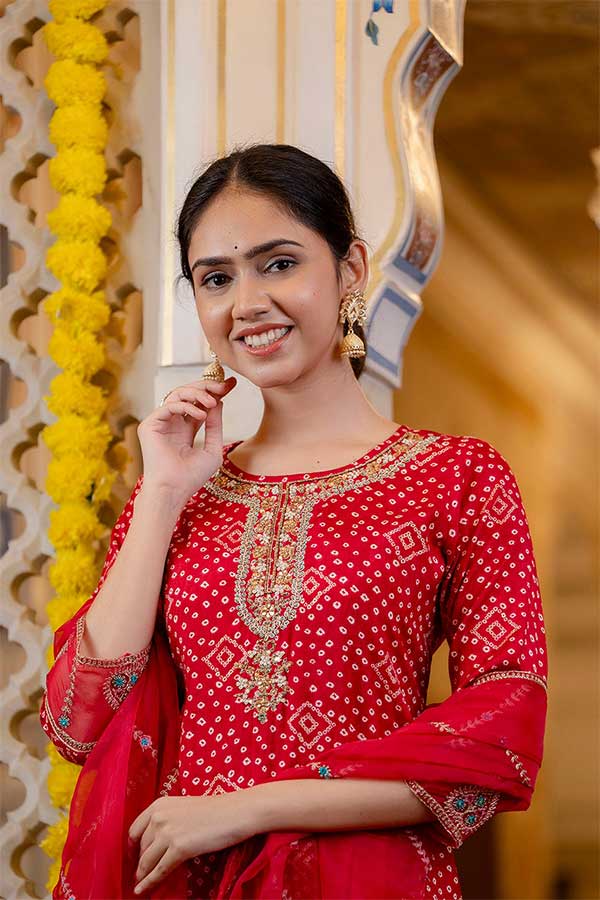 Stitched in Style: Red Rayon Suit with Bandhini Print and Zari Embroidery