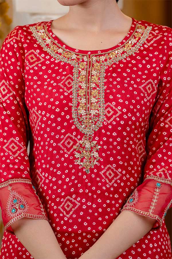 Stitched in Style: Red Rayon Suit with Bandhini Print and Zari Embroidery
