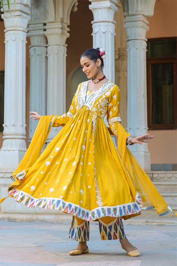 Peppy Yellow Modal Anarkali in Alia Cut Paired with Straight Pants and Chiffon Dupatta