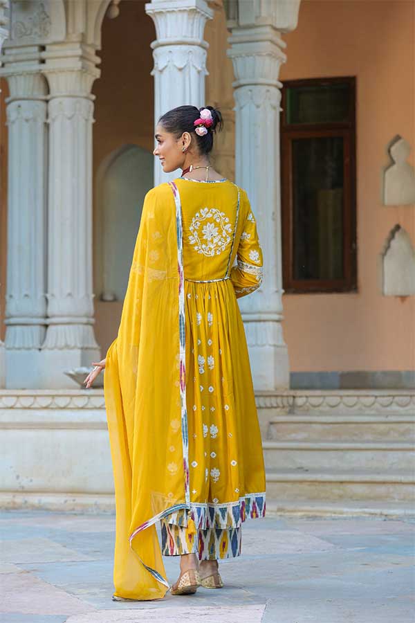 Peppy Yellow Modal Anarkali in Alia Cut Paired with Straight Pants and Chiffon Dupatta