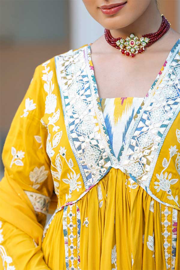 Peppy Yellow Modal Anarkali in Alia Cut Paired with Straight Pants and Chiffon Dupatta