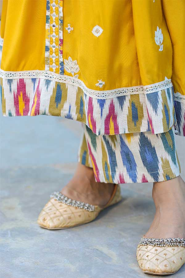 Peppy Yellow Modal Anarkali in Alia Cut Paired with Straight Pants and Chiffon Dupatta
