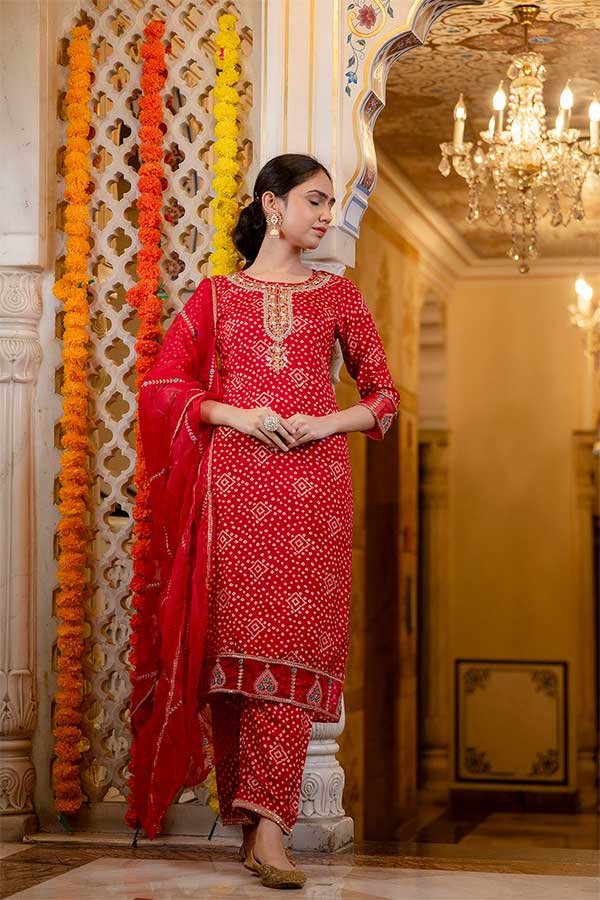 Stitched in Style: Red Rayon Suit with Bandhini Print and Zari Embroidery