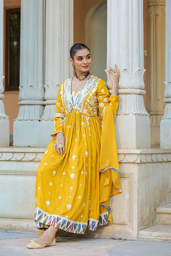 Peppy Yellow Modal Anarkali in Alia Cut Paired with Straight Pants and Chiffon Dupatta