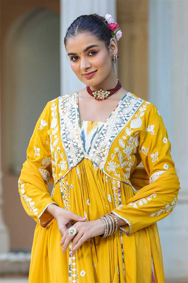 Peppy Yellow Modal Anarkali in Alia Cut Paired with Straight Pants and Chiffon Dupatta