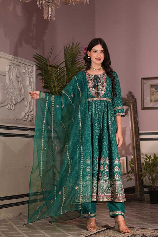 Graceful Green Anarkali Beauty: Rayon Kurta with Intricate Embroidery and Embellished Belt