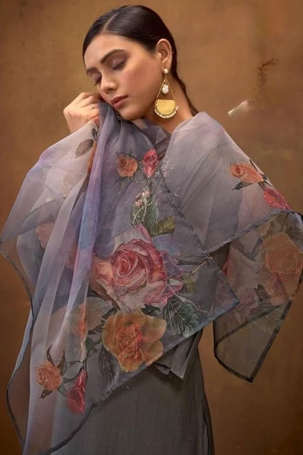 Stitched Silk Suit (grey): Hand Embroidered Kurta, Embroidered Pants & Floral Dupatta