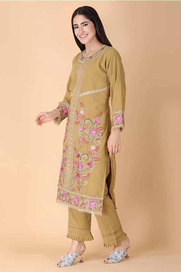 Elevated Pakistani Fashion in beige color: Resham Embroidery on Georgette Kurta with Lacework Dupatta