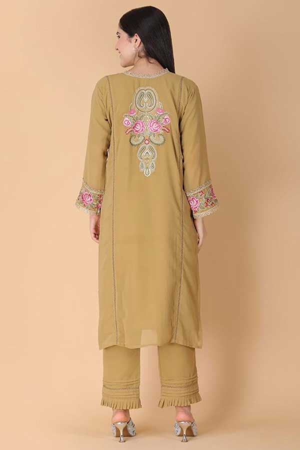 Elevated Pakistani Fashion in beige color: Resham Embroidery on Georgette Kurta with Lacework Dupatta