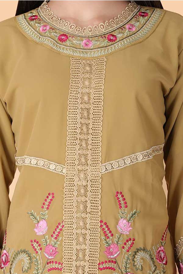 Elevated Pakistani Fashion in beige color: Resham Embroidery on Georgette Kurta with Lacework Dupatta