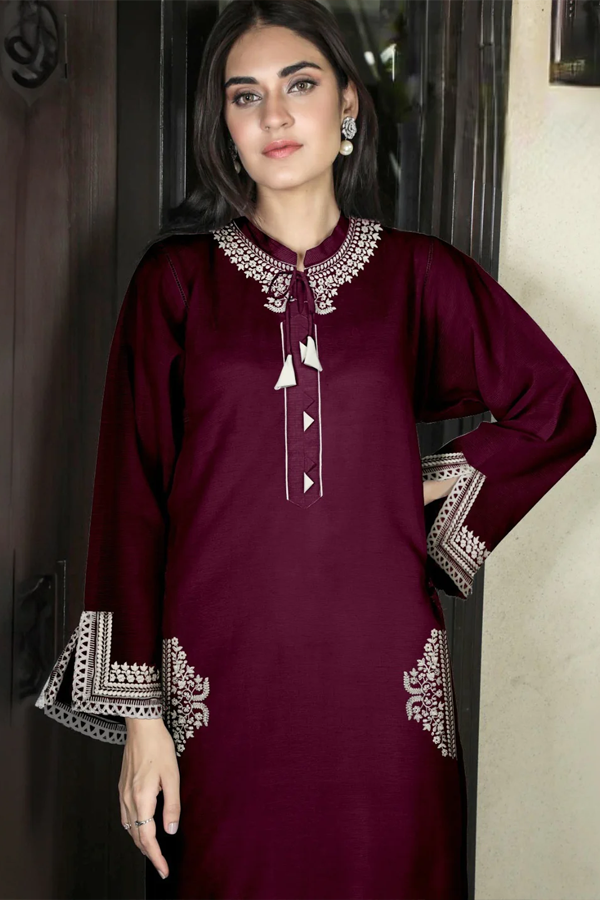 Designer Embroidered Tunic wine color with Sleeves paired with Designer Cigarette pants