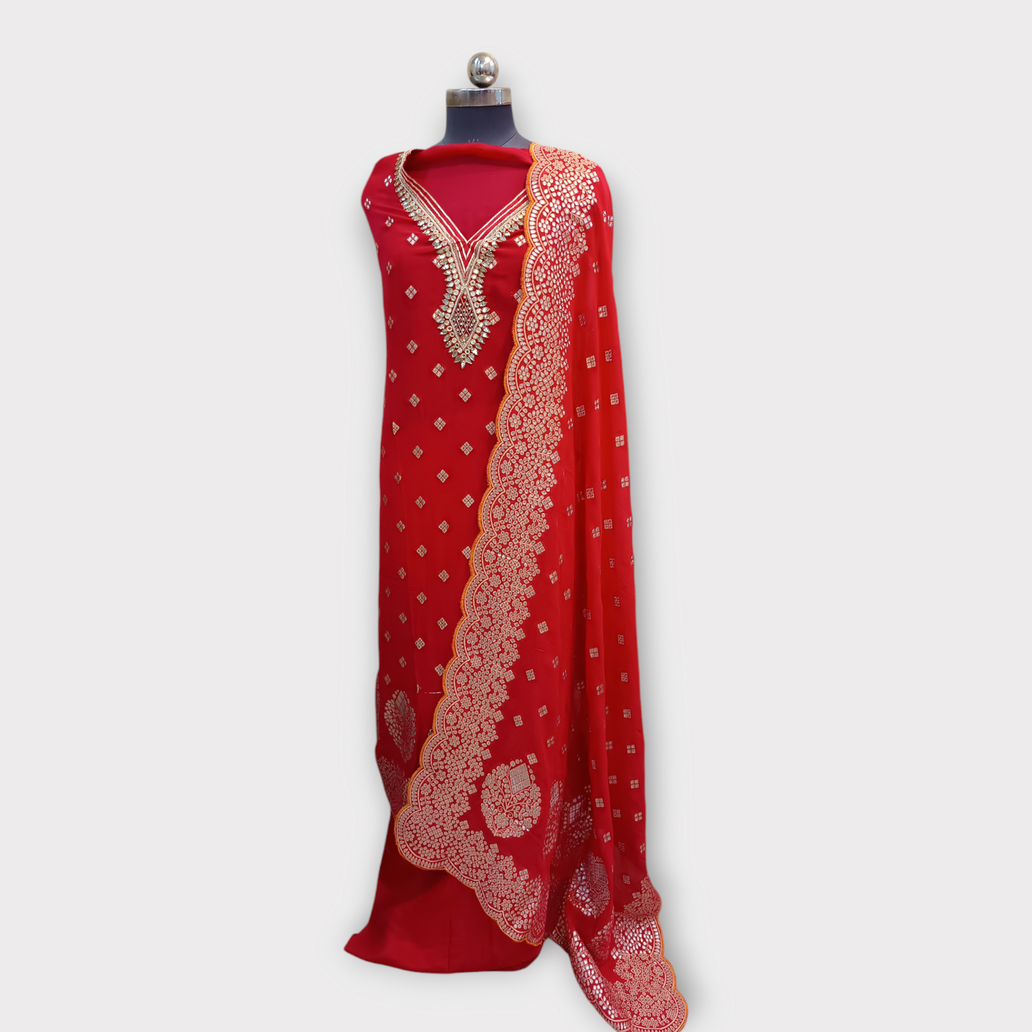 Unstitched Jaquard Woven Suit, Gota And Real Mirror Work