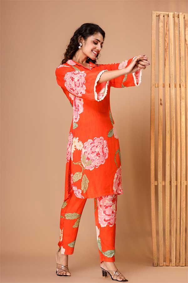 Tangerine Floral Coord Set: Blooms and Lace in Style