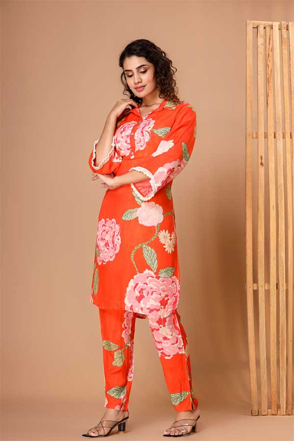 Tangerine Floral Coord Set: Blooms and Lace in Style