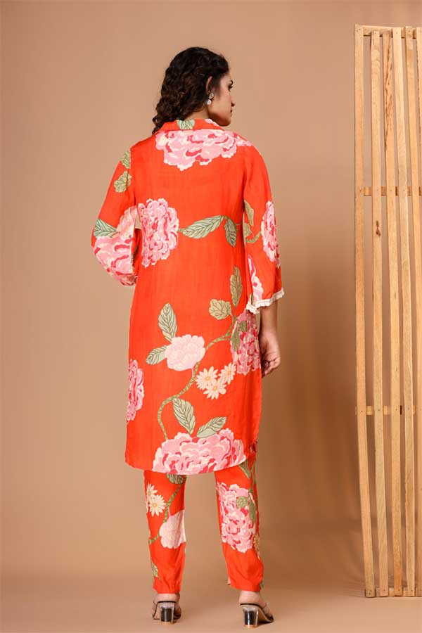 Tangerine Floral Coord Set: Blooms and Lace in Style
