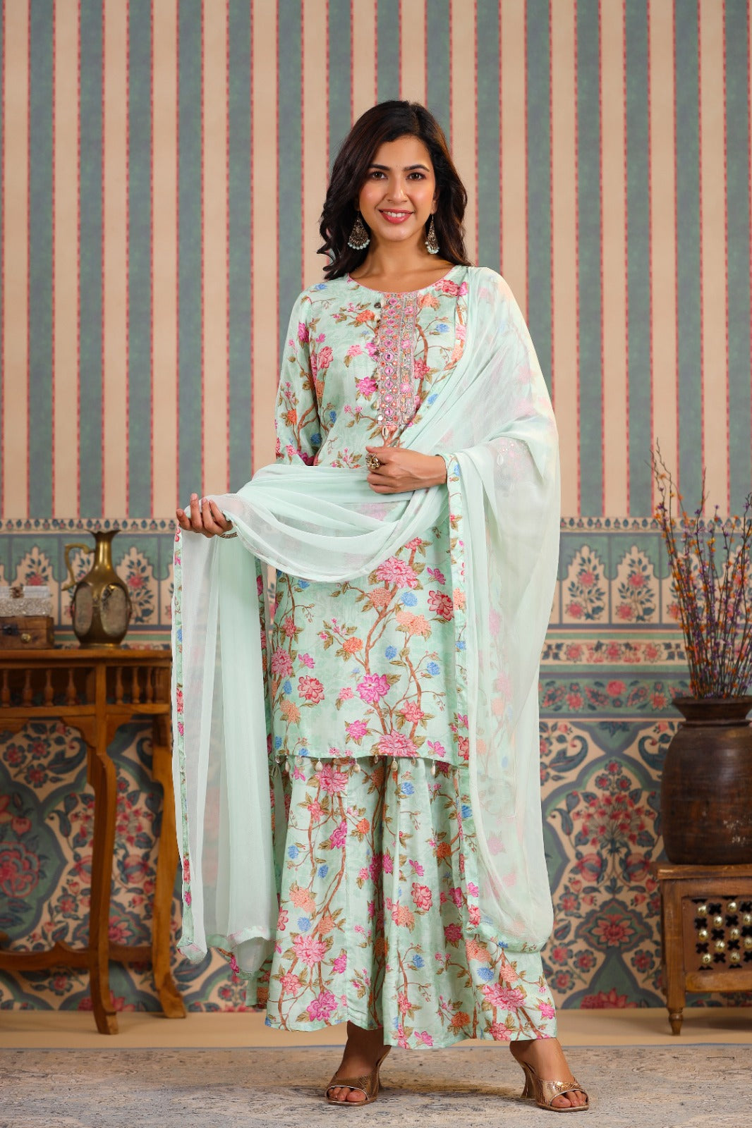 VIBRANT MUSLIN BLISS: HAND-EMBROIDERED KURTA WITH KALIDAR SHARARA