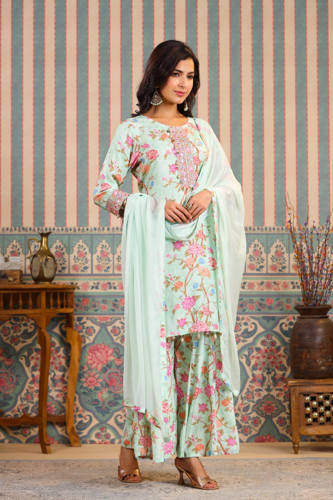 VIBRANT MUSLIN BLISS: HAND-EMBROIDERED KURTA WITH KALIDAR SHARARA