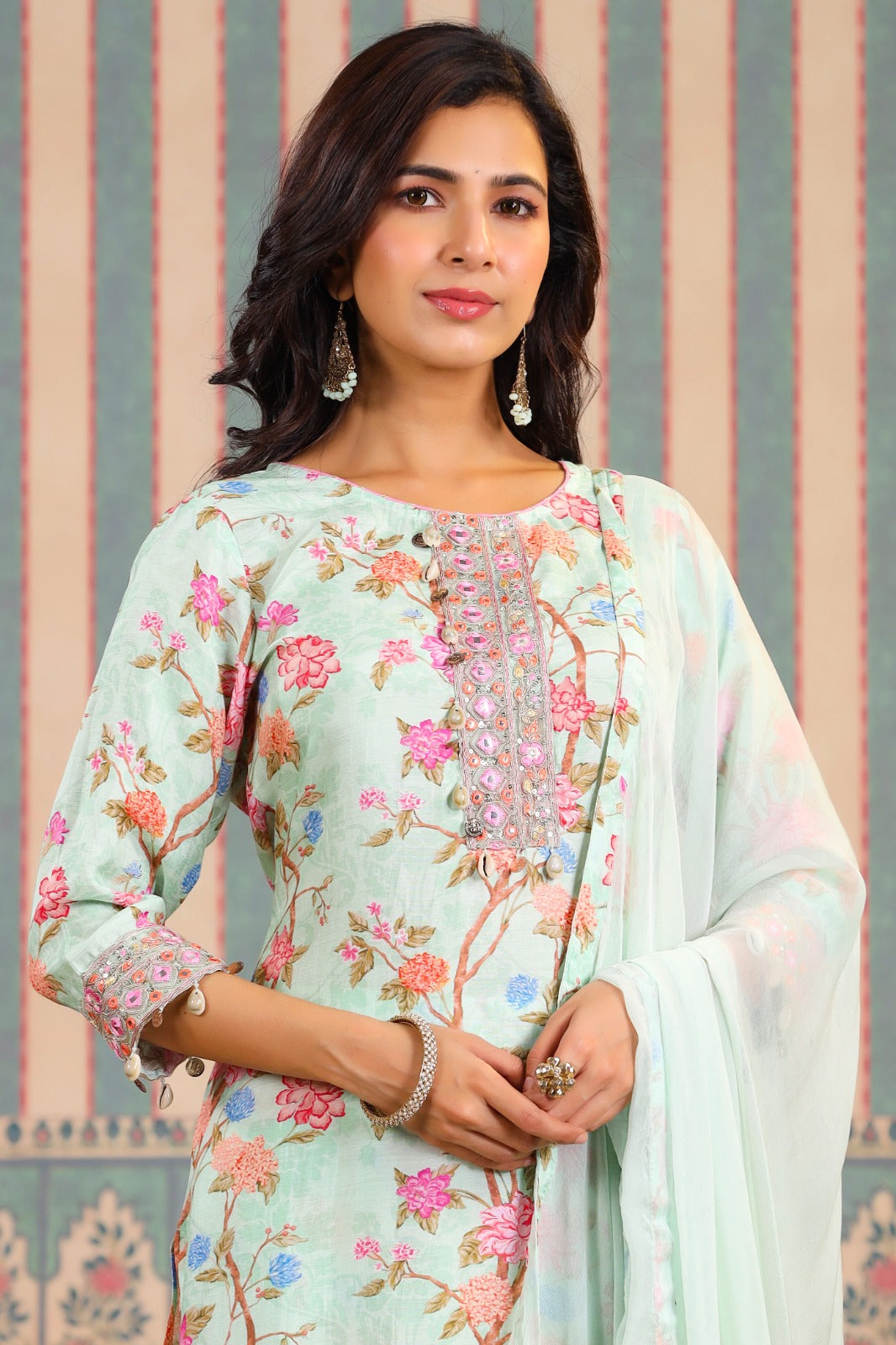 VIBRANT MUSLIN BLISS: HAND-EMBROIDERED KURTA WITH KALIDAR SHARARA