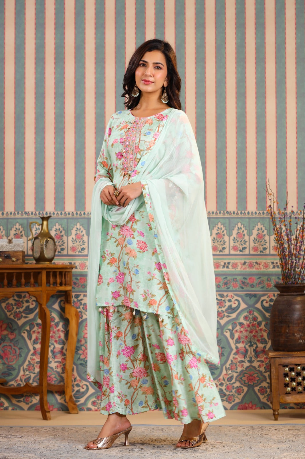 VIBRANT MUSLIN BLISS: HAND-EMBROIDERED KURTA WITH KALIDAR SHARARA