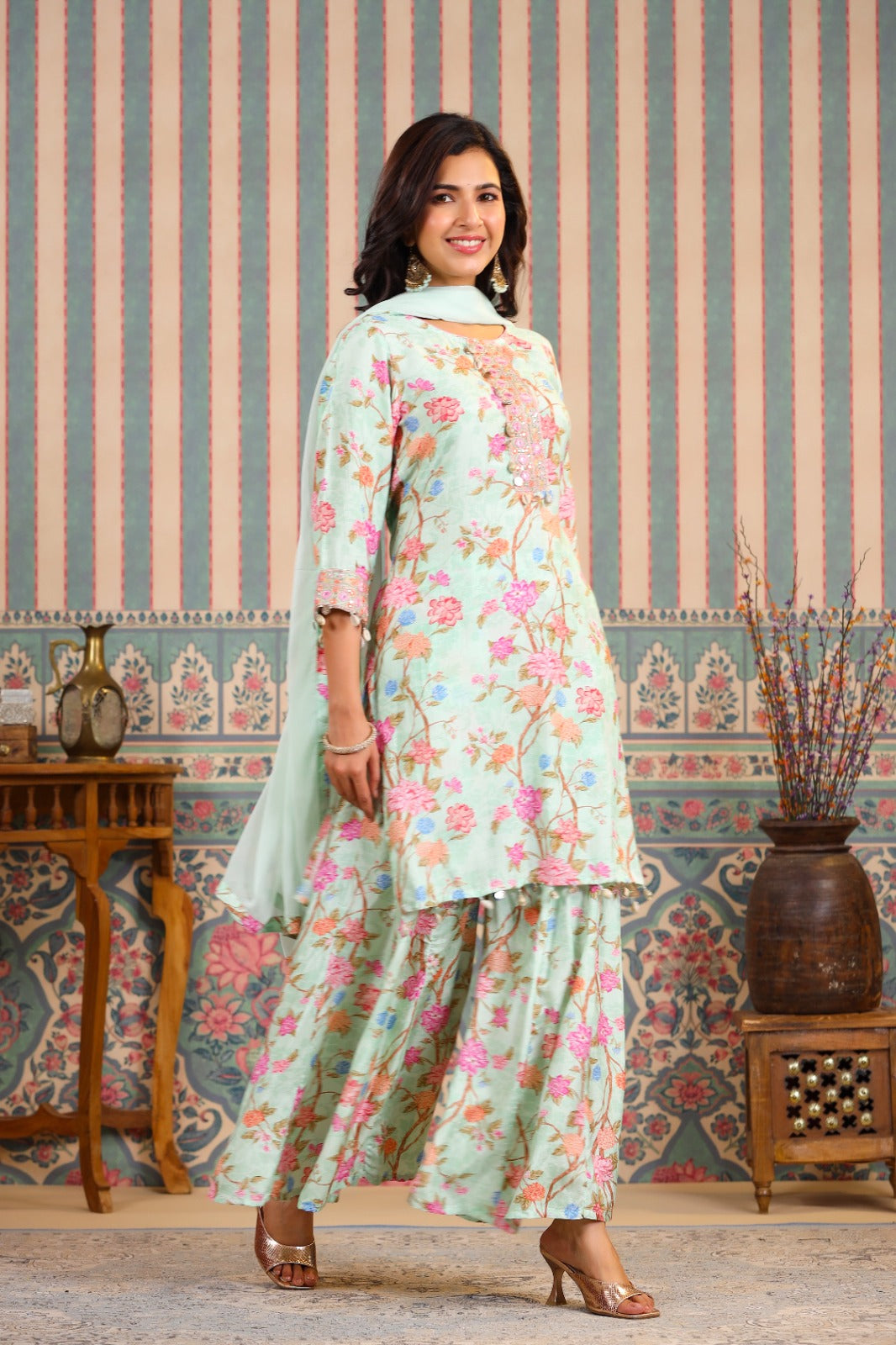 VIBRANT MUSLIN BLISS: HAND-EMBROIDERED KURTA WITH KALIDAR SHARARA