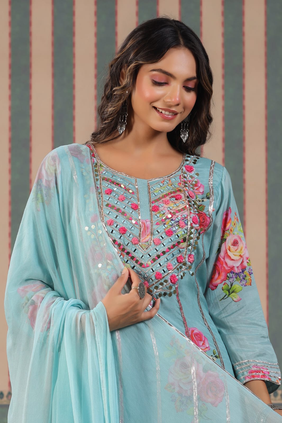 MEHR FESTIVE COLLECTION: LUXURIOUS FLORAL GHARARA SUITS IN PURE MUSLIN (BLUE)