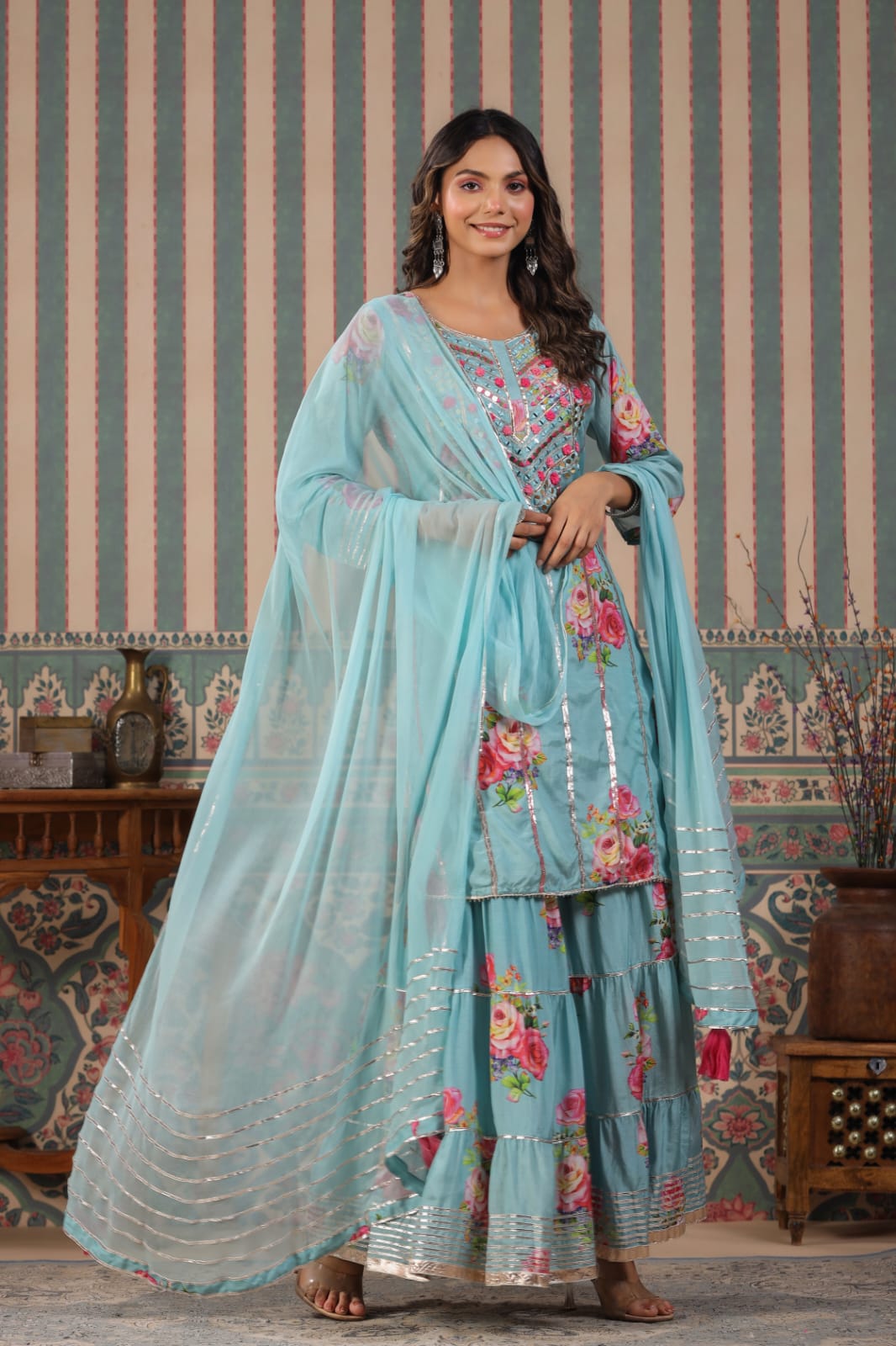 MEHR FESTIVE COLLECTION: LUXURIOUS FLORAL GHARARA SUITS IN PURE MUSLIN (BLUE)