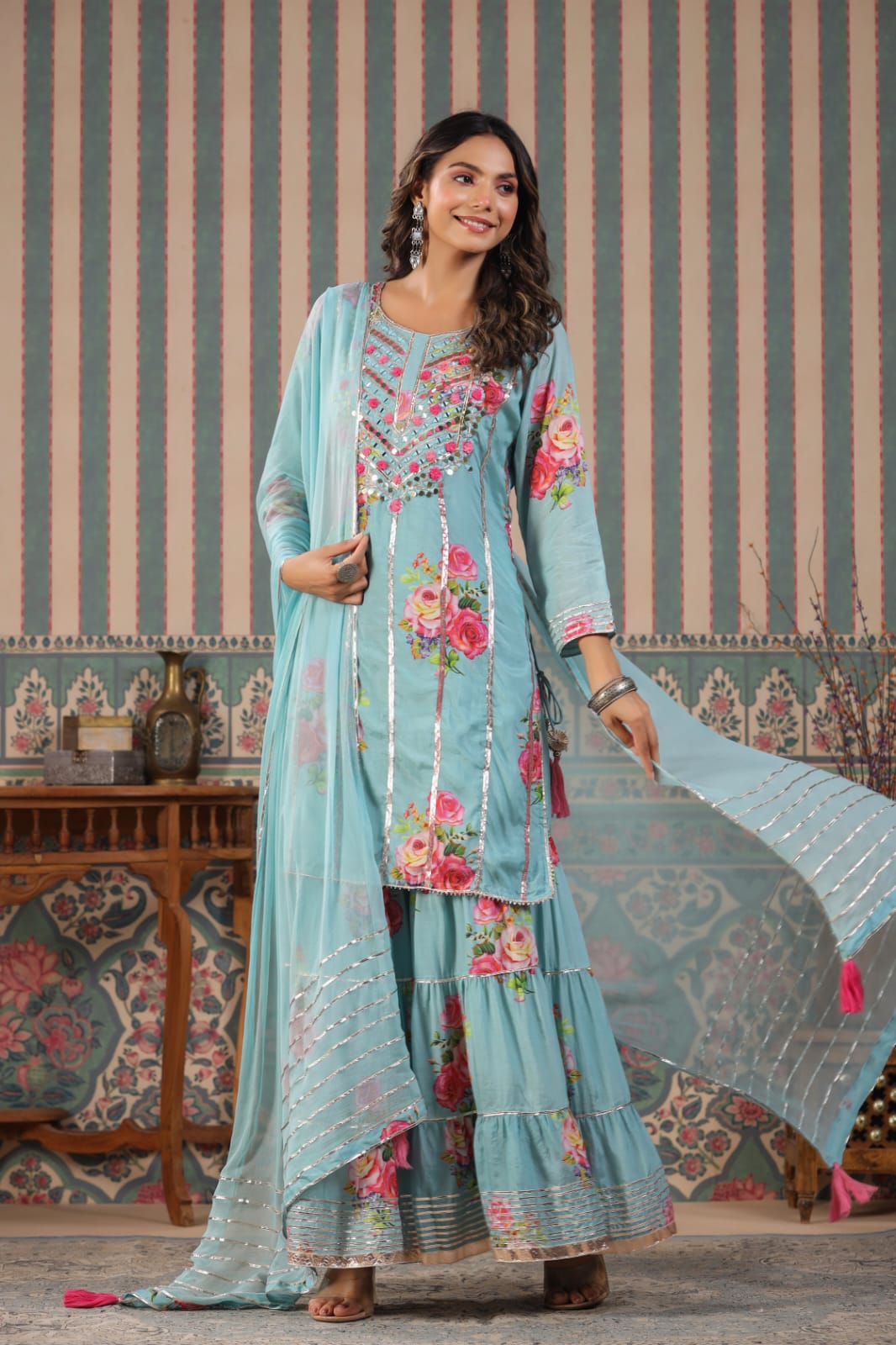 MEHR FESTIVE COLLECTION: LUXURIOUS FLORAL GHARARA SUITS IN PURE MUSLIN (BLUE)