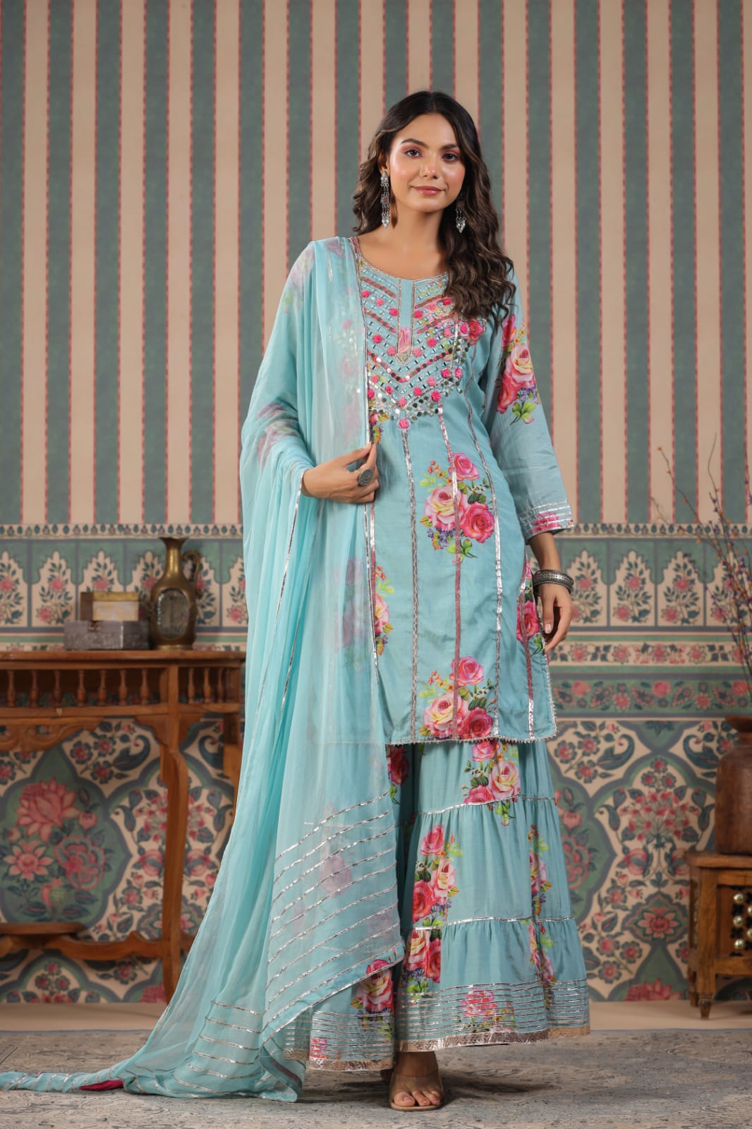 MEHR FESTIVE COLLECTION: LUXURIOUS FLORAL GHARARA SUITS IN PURE MUSLIN (BLUE)