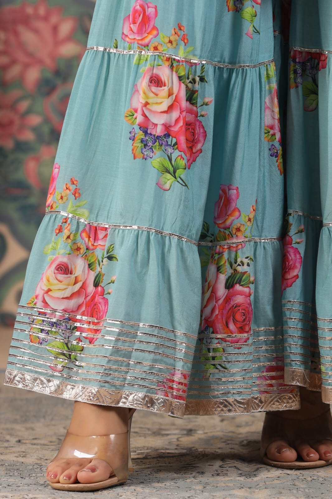 MEHR FESTIVE COLLECTION: LUXURIOUS FLORAL GHARARA SUITS IN PURE MUSLIN (BLUE)