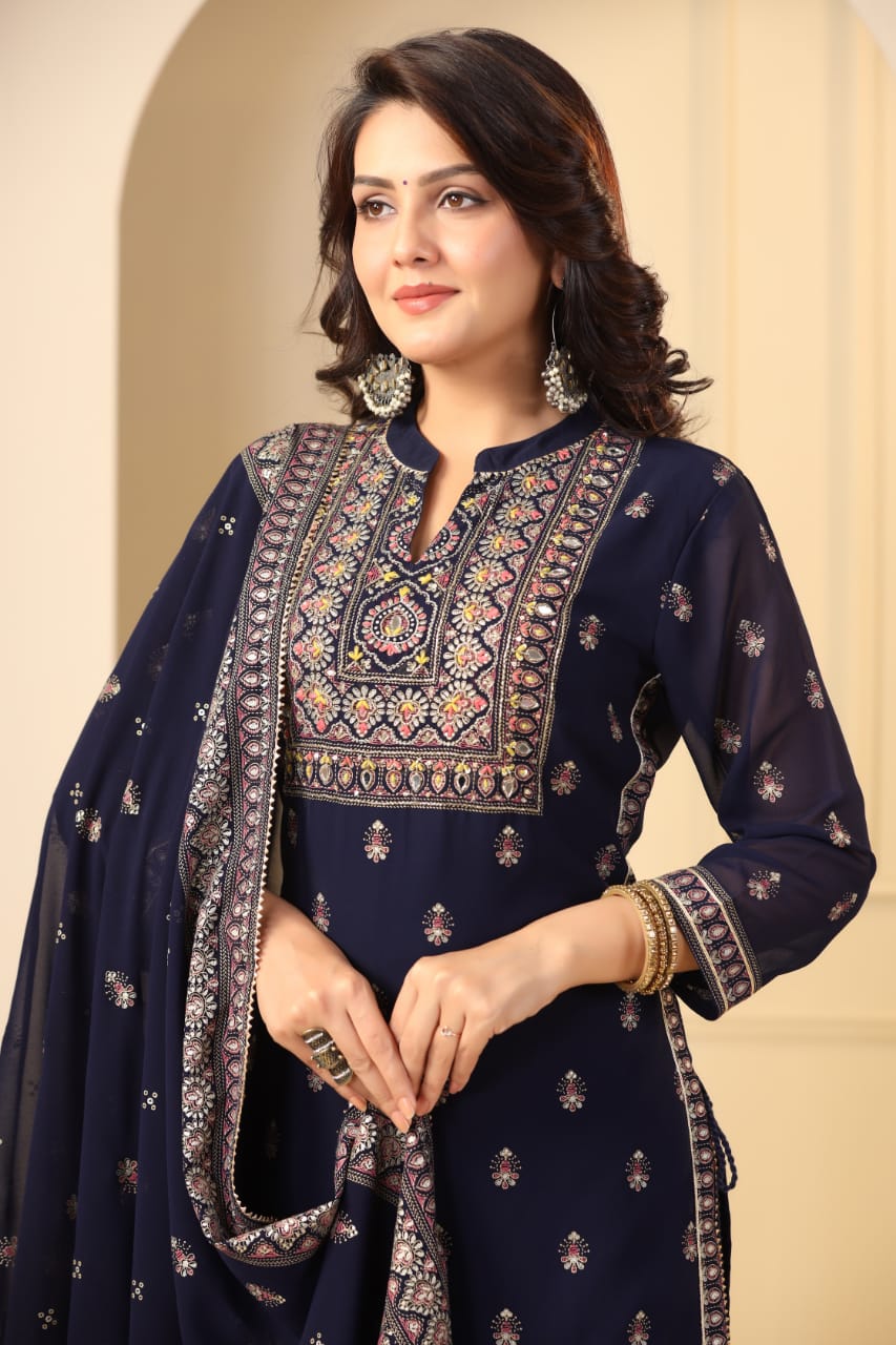 Printed Georgette 3-Piece Set (Royal blue): Embroidered Kurta, Stylish Gharara, and Designer Dupatta ()