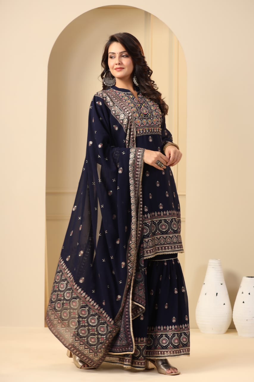 Printed Georgette 3-Piece Set (Royal blue): Embroidered Kurta, Stylish Gharara, and Designer Dupatta ()