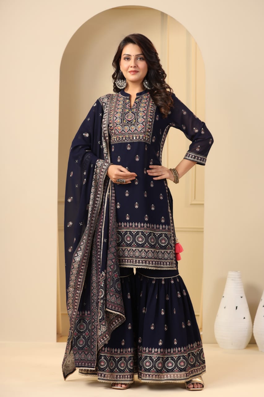 Printed Georgette 3-Piece Set (Royal blue): Embroidered Kurta, Stylish Gharara, and Designer Dupatta ()